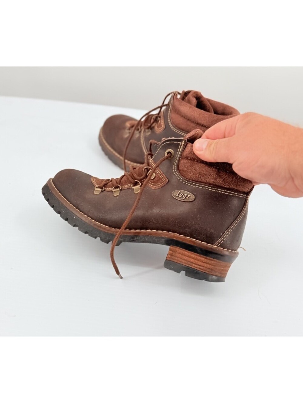 Vintage 90s LUGZ NY Boots Made in Spain Brown Leather Chunky Heel Hiker Gorpcore